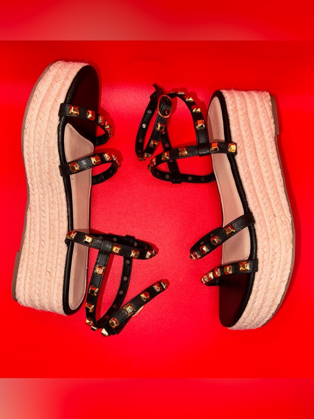 Black Studded Espadrille Platform Sandals Gold Studs Rockstar Glam Vibes Size 6